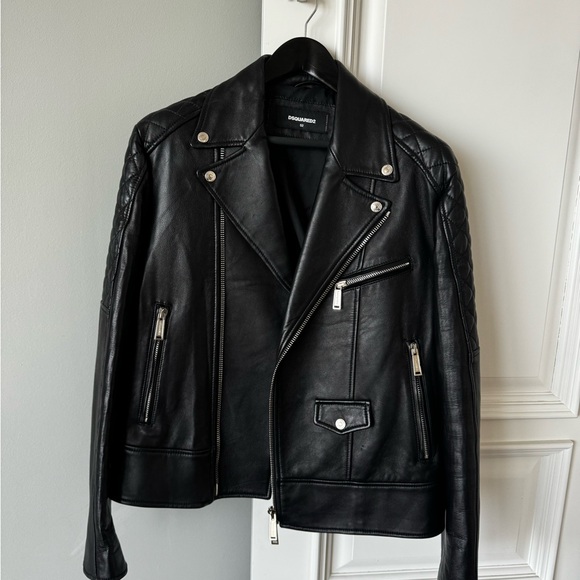 Dsquared2 Black Leather Print Biker Jacket Size 52 - Picture 1 of 15